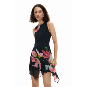 Asymmetrical Floral and Black dress - Desigual